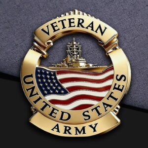 3D US Army Veteran Battleship & Flag Military Pin