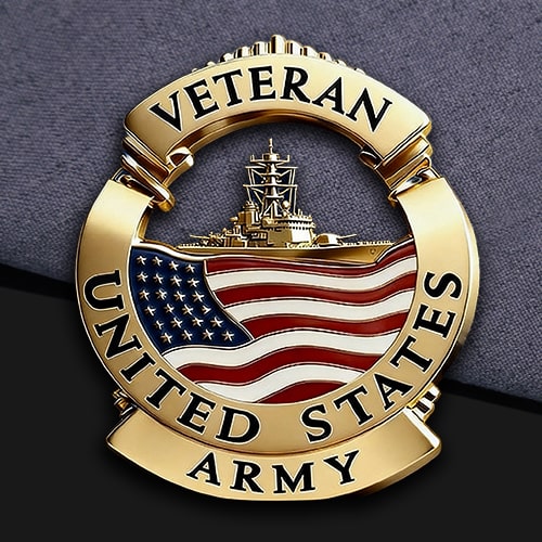 3D US Army Veteran Battleship & Flag Military Pin