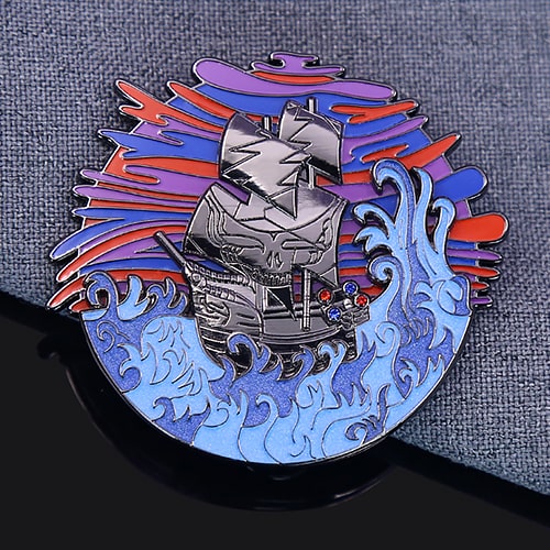 Blue Skull Pirate Ship Enamel Pin