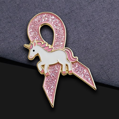 Glitter Pink Ribbon Unicorn Breast Cancer Pin