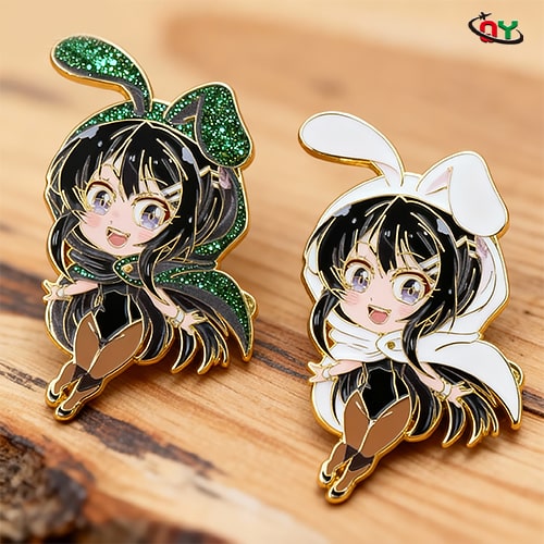 Glittery Bunny Ear Anime Girl Enamel Pin