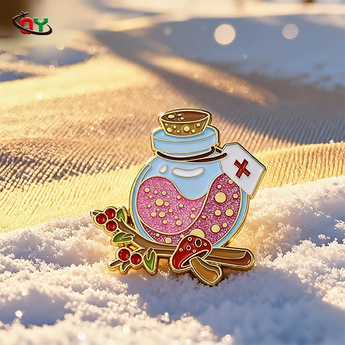 Pink Potion Bottle with Berries and Mushroom Pin