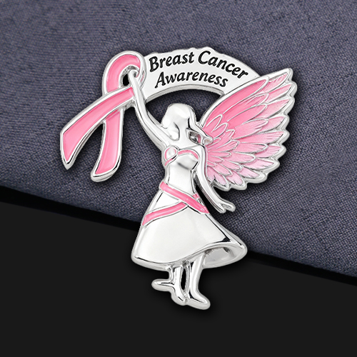Silver Angel Pink Ribbon Breast Cancer Pin