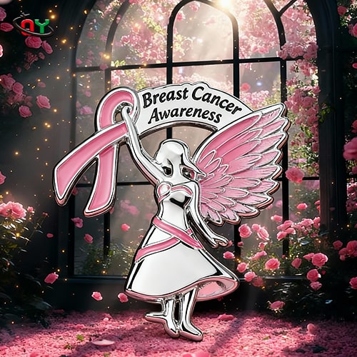 Silver Angel Pink Ribbon Breast Cancer Pin
